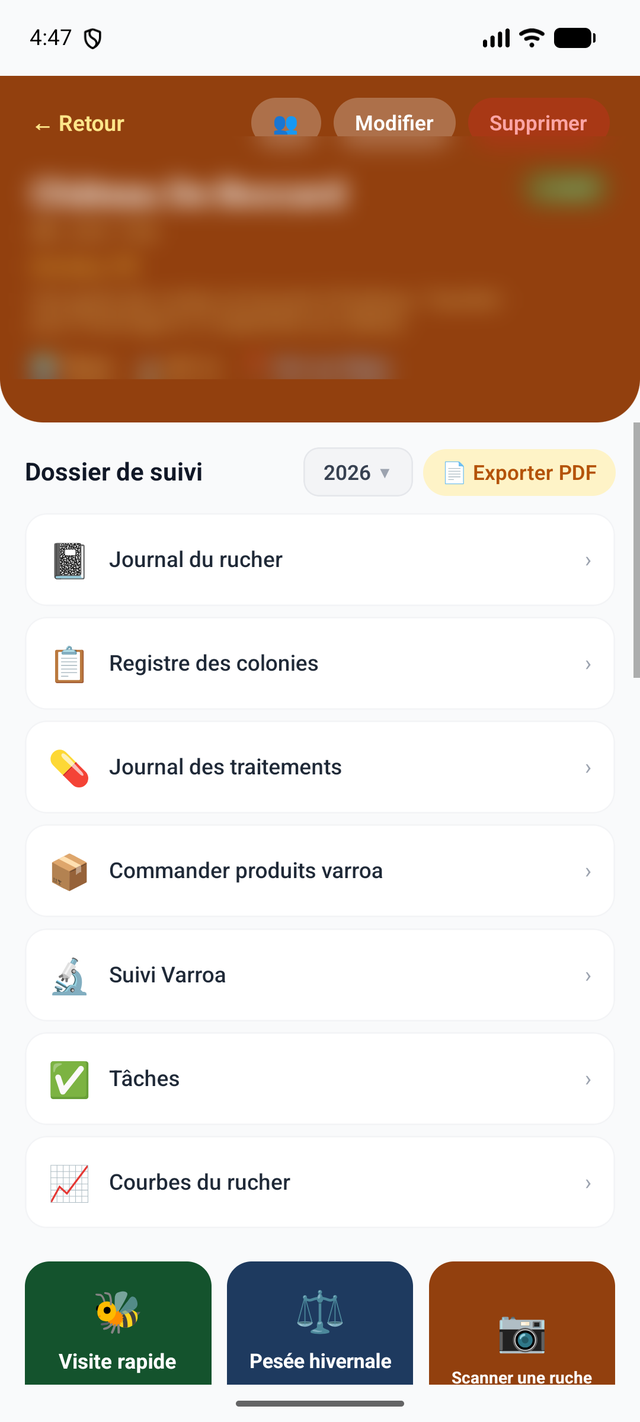 Dossier de suivi d'un rucher dans l'application ApiSwiss