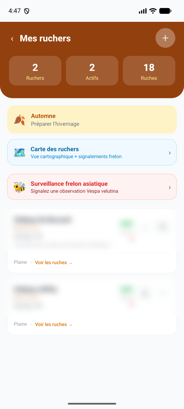 Liste des ruchers dans l'application ApiSwiss