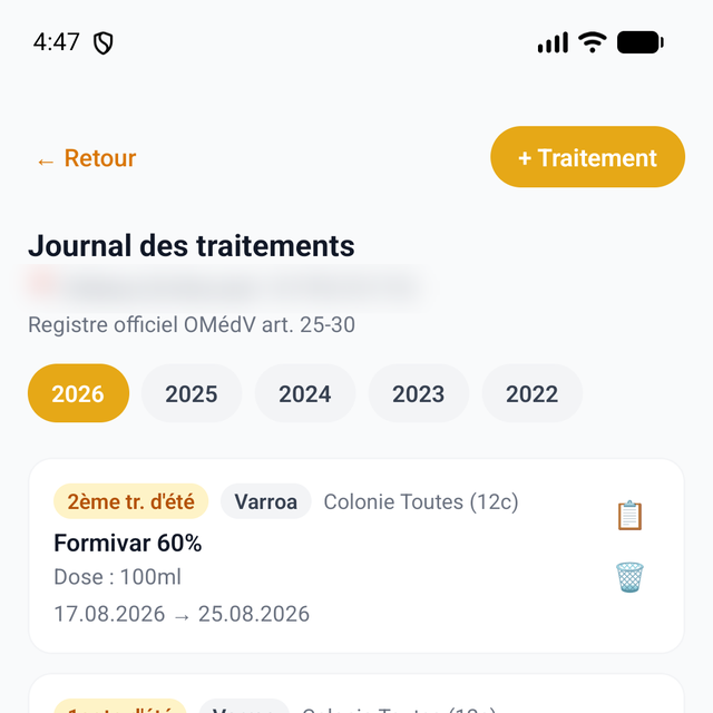 Registre officiel des traitements varroa (OMédV) dans l'application ApiSwiss